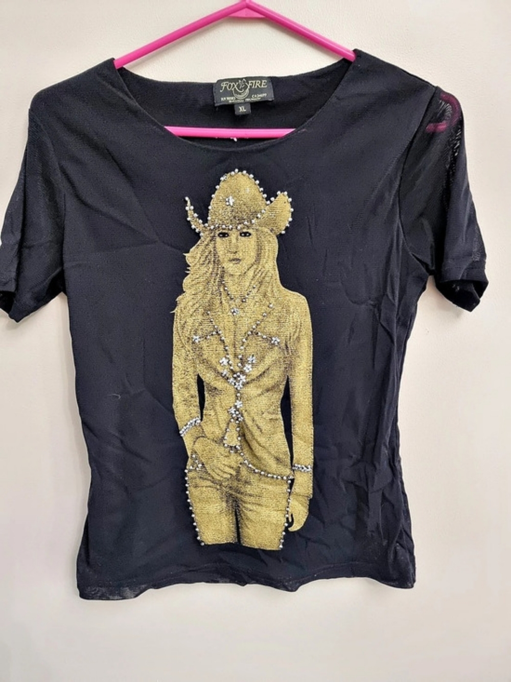 Foxfire Graphic Rhinestone Western Tee in Black & Gold Size XL